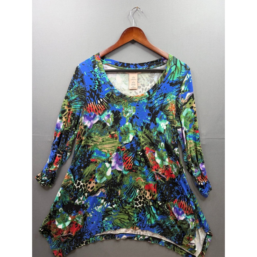 Philosophy Tunic Top Womens Blue Green Amazon Rainforest Sharkbite Hem L - Picture 1 of 6